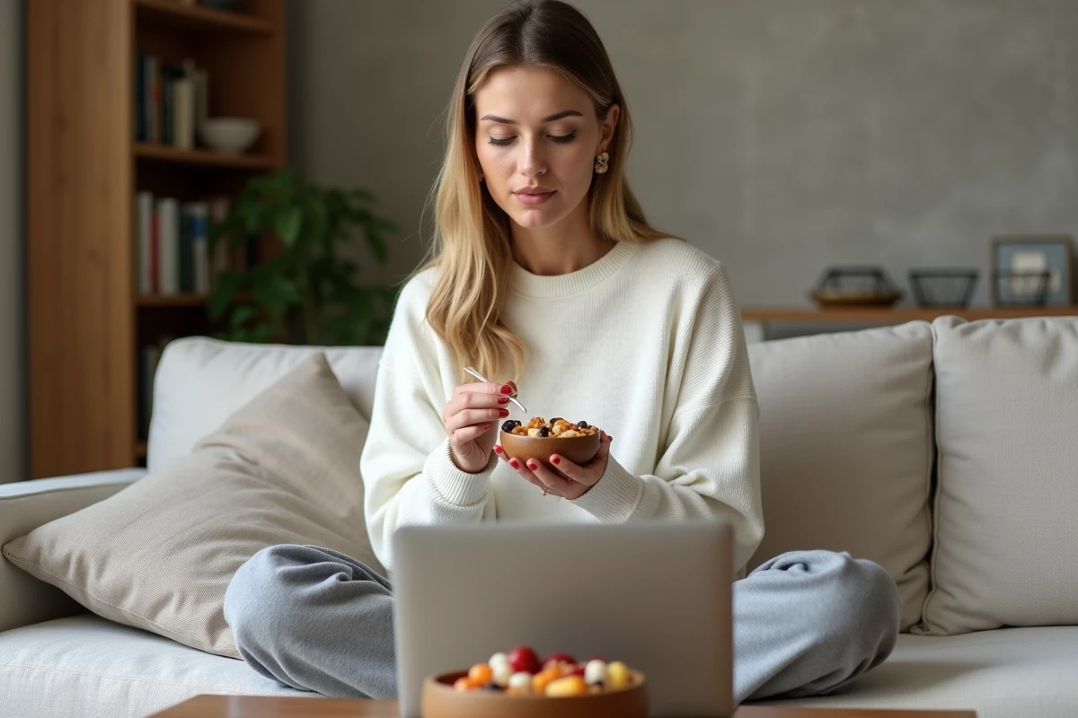 Femme qui grignote des fruits secs dans un bol en bois devant son ordinateur portable dans un salon cosy