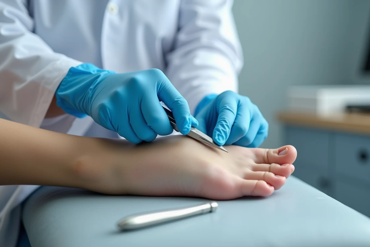Podologue découpant la corne sous le pied d'un patient avec un scalpel podologique en cabinet médical