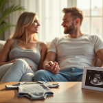Couple heureux se tenant la main dans un salon lumineux avec une photo d'echo et une tenue de bébé