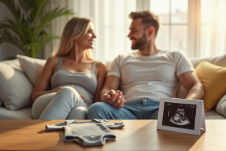 Couple heureux se tenant la main dans un salon lumineux avec une photo d'echo et une tenue de bébé