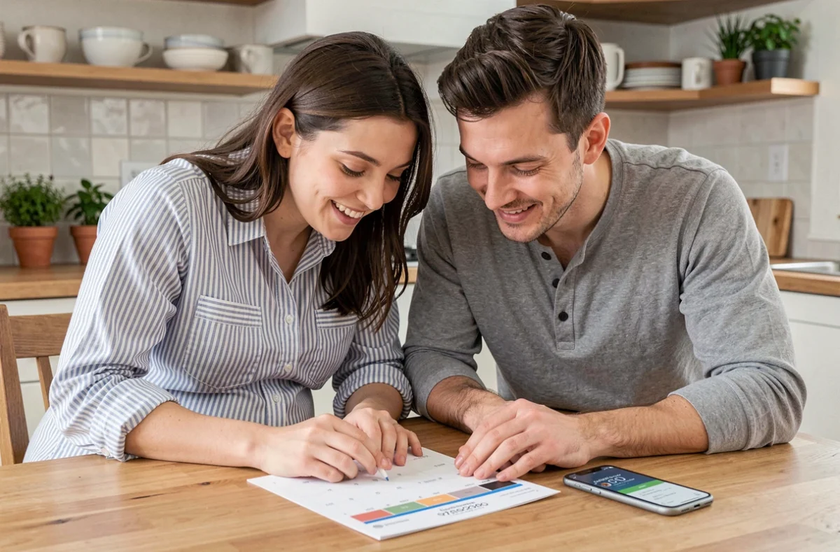 Couple attendant un bébé consultant un calendrier de grossesse et une application de calcul de date d'accouchement