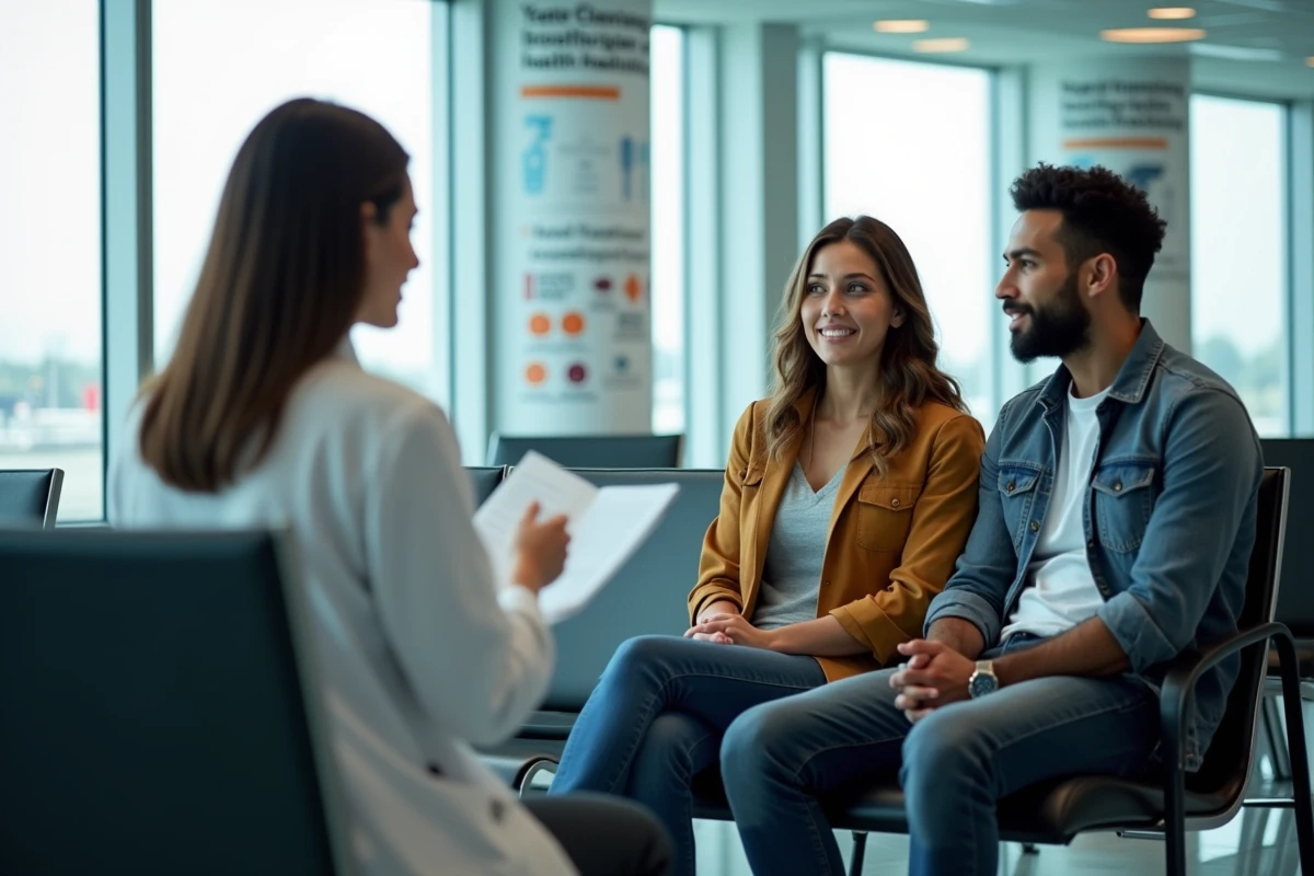 Couple en attente dans une clinique de voyage aéroport