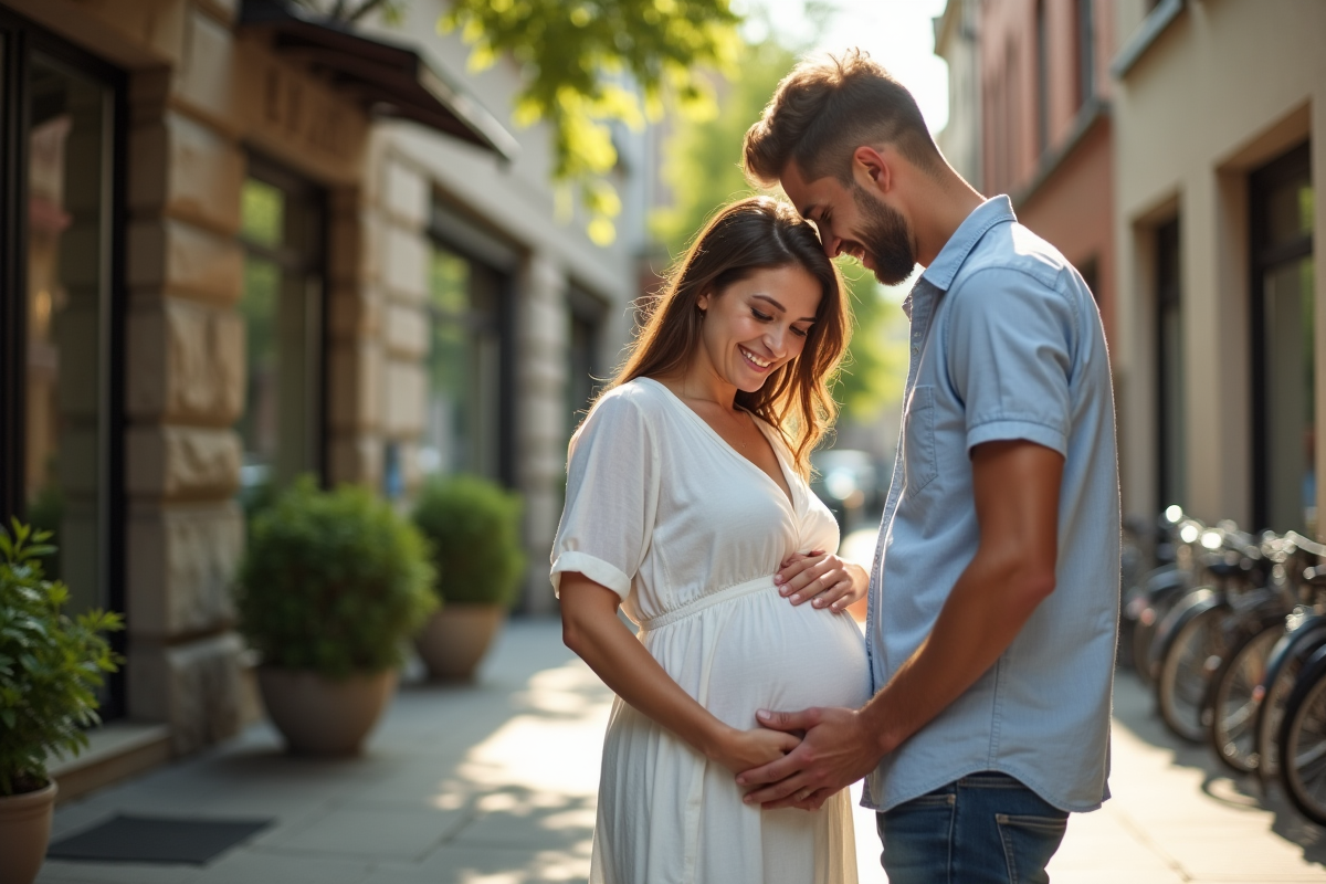 Couple enceinte marchant dans une rue urbaine ensoleillee
