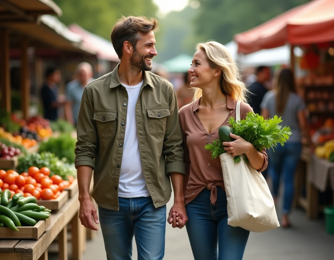 Couple détendu faisant leurs courses dans un marché local avec un sac réutilisable, représentant un mode de vie conscient et économe adopté progressivement au quotidien