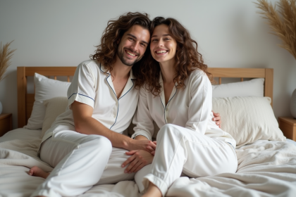 Couple en pyjamas confortables sur un lit cosy