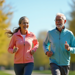 Couple senior courant dans un parc ensoleille avec energie