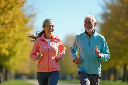 Couple senior courant dans un parc ensoleille avec energie
