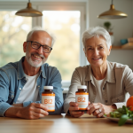 Couple senior souriant avec vitamine B12 à la maison