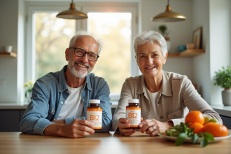 Couple senior souriant avec vitamine B12 à la maison
