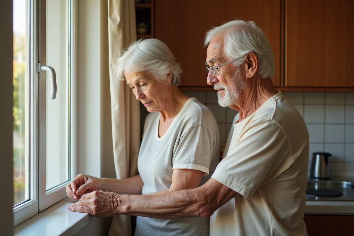 Couple agee inspectant les verrous de fenetre dans la cuisine
