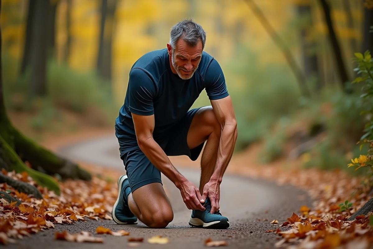 Coureur s'arrêtant sur un sentier forestier pour soulager une douleur chronique au dessus du pied