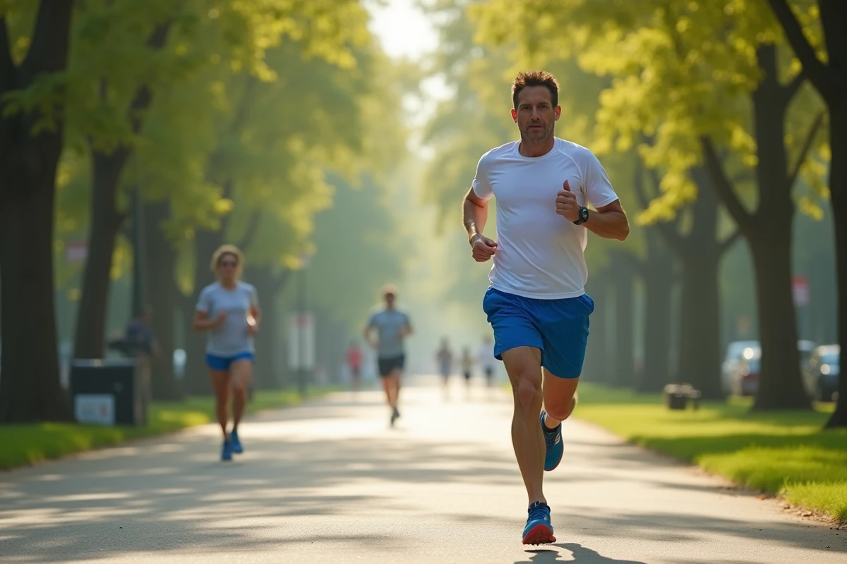 Homme courant dans un parc urbain avec des chaussures adaptées aux pieds plats pour pratiquer le running sans douleur