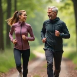 Femme sportive courant en forêt avec coach souriant