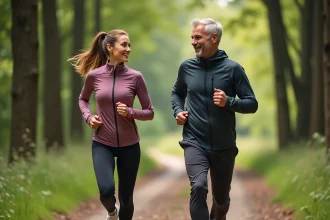 Femme sportive courant en forêt avec coach souriant