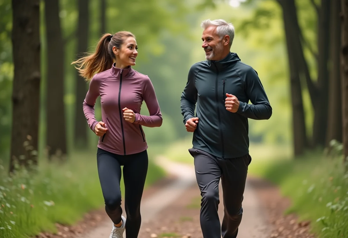 Femme sportive courant en forêt avec coach souriant
