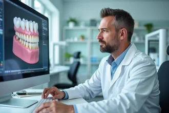 Dentiste homme examinant un modele dentaire sur ecran