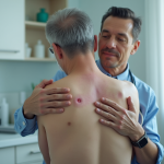 Dermatologue examinant une lésion cutanée sévère sur le dos