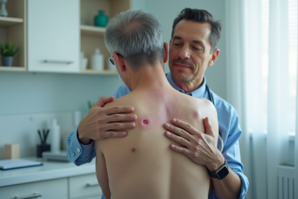 Dermatologue examinant une lésion cutanée sévère sur le dos