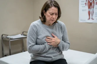 Femme tenant son côté droit sous les côtes lors d'une consultation médicale, exprimant une douleur abdominale