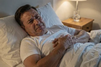 Homme d'âge moyen allongé dans son lit la nuit, tenant son bras gauche contre sa poitrine avec une expression de douleur musculaire nocturne