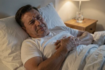 Homme d'âge moyen allongé dans son lit la nuit, tenant son bras gauche contre sa poitrine avec une expression de douleur musculaire nocturne