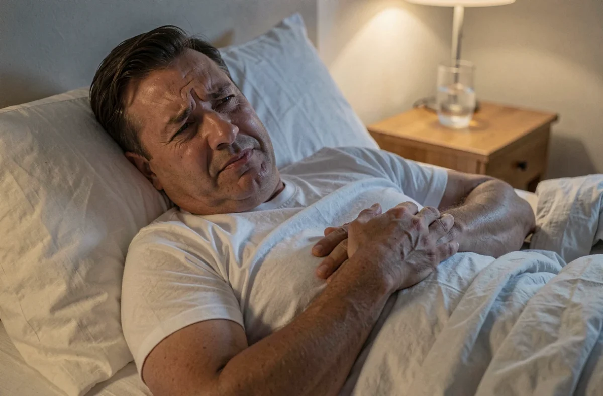 Homme d'âge moyen allongé dans son lit la nuit, tenant son bras gauche contre sa poitrine avec une expression de douleur musculaire nocturne
