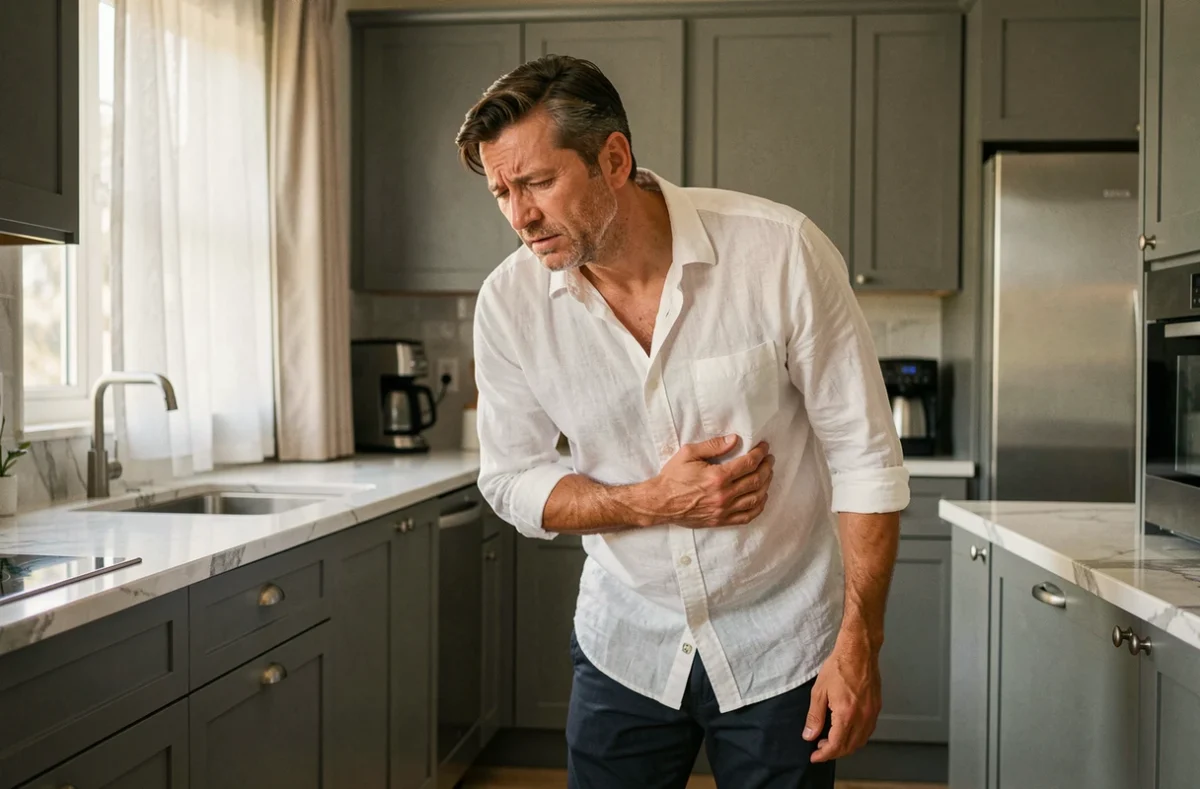 Homme ressentant une douleur sous les côtes côté droit dans sa cuisine, signe d'un possible problème hépatique ou digestif