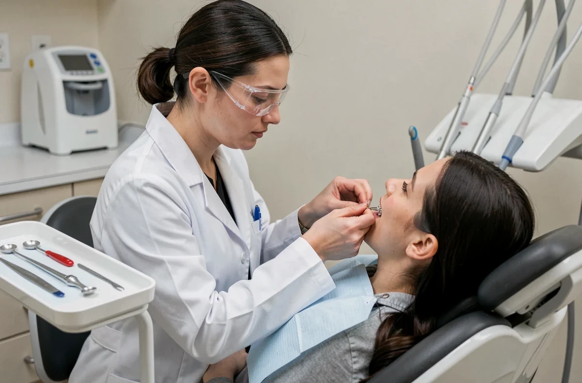 Dr Agathe Verdier ajustant des bagues orthodontiques sur un patient dans son cabinet