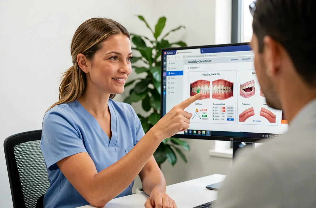 Dr Camille Lacaule expliquant un plan de traitement orthodontique à un patient sur écran numérique