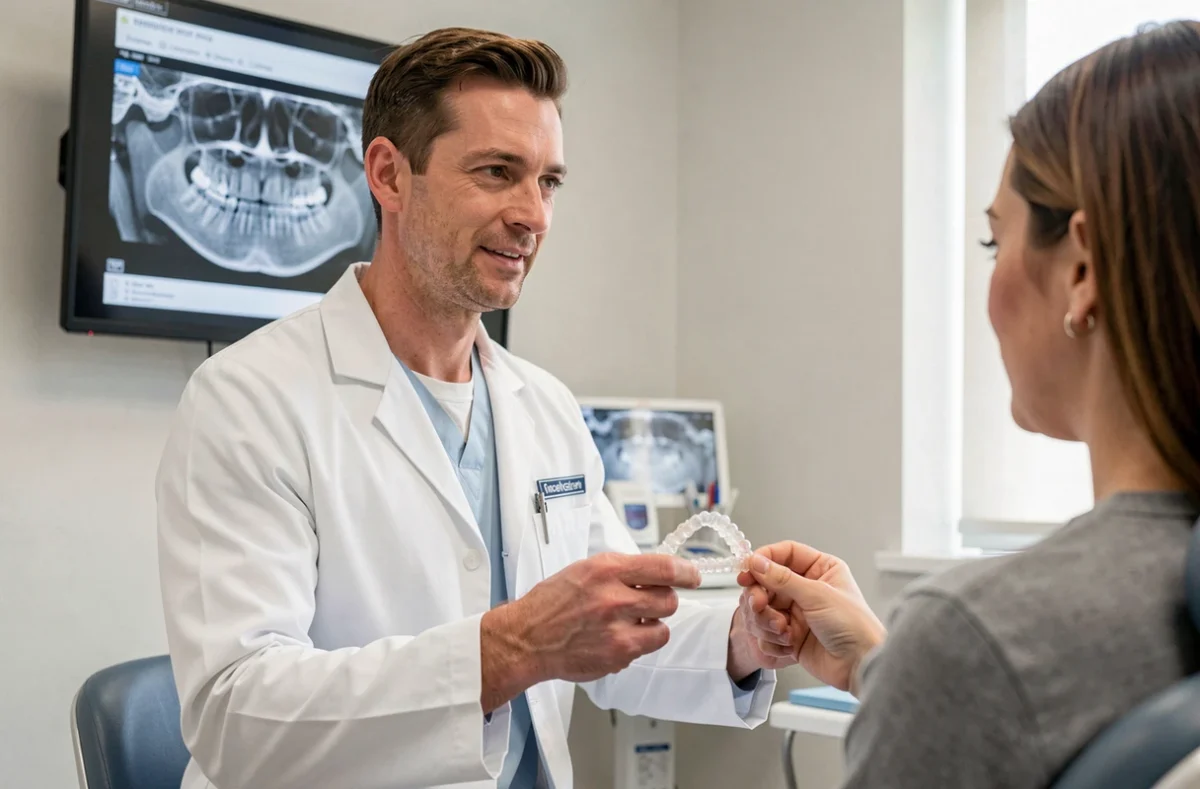 Dr Lucas Detant présentant des gouttières orthodontiques transparentes à un patient