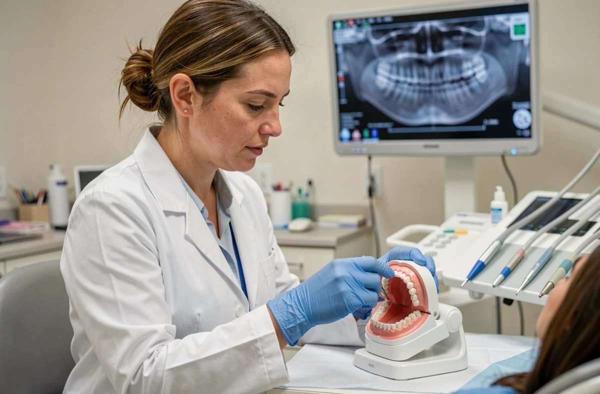 Dr Marie Medio, orthodontiste, examinant un modèle dentaire dans son cabinet