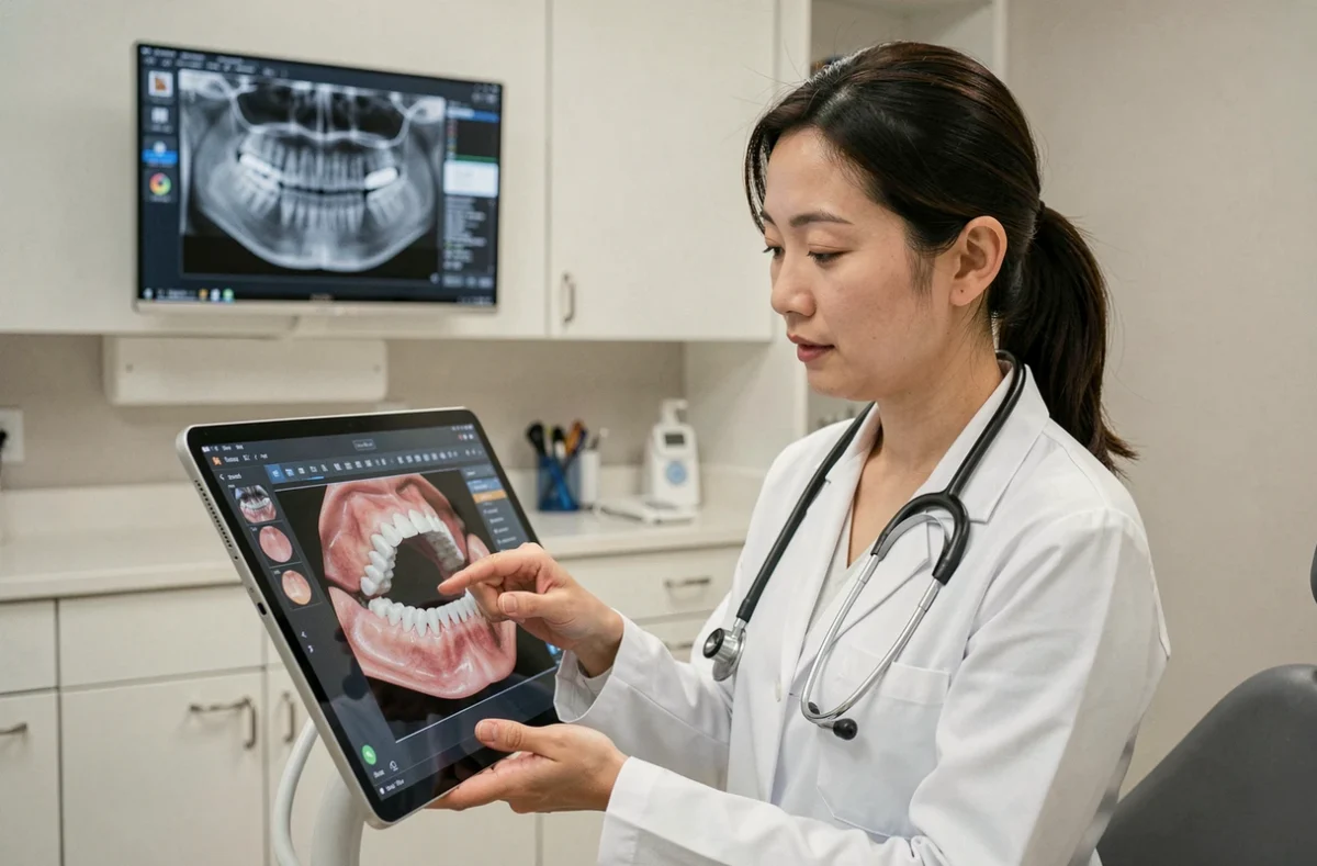 Dr Sung Eun Jee consultant un scan 3D dentaire numérique dans son cabinet d'orthodontie