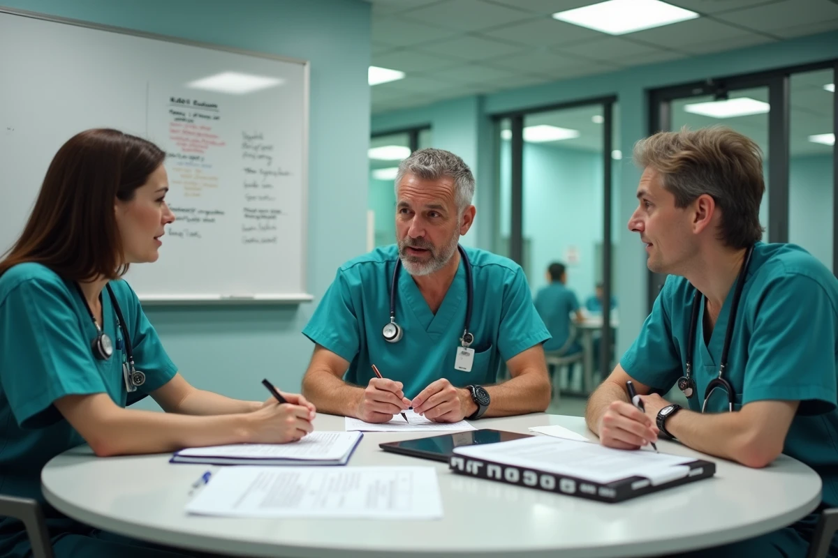 Équipe soignante préparant ensemble un audit HAS 2026 autour d'une table de réunion hospitalière