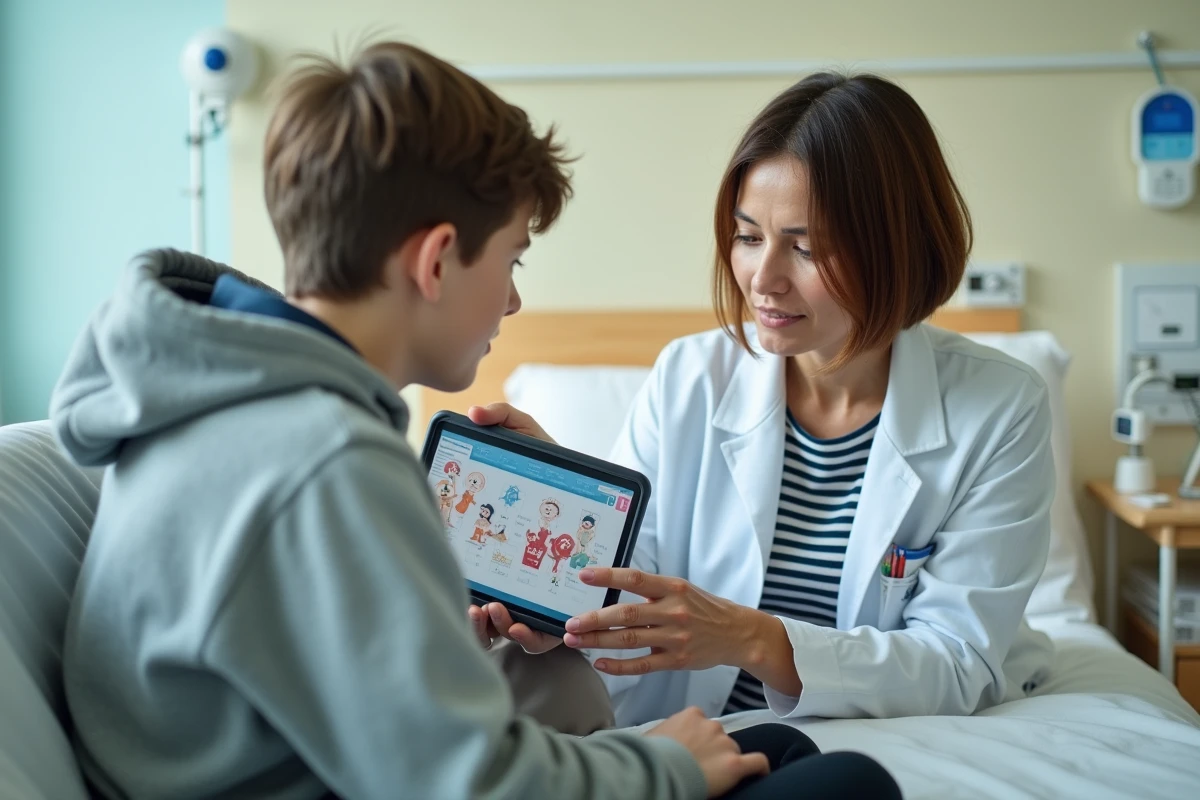 Ergothérapeute en milieu hospitalier discutant d'un programme d'activités avec un jeune patient adulte