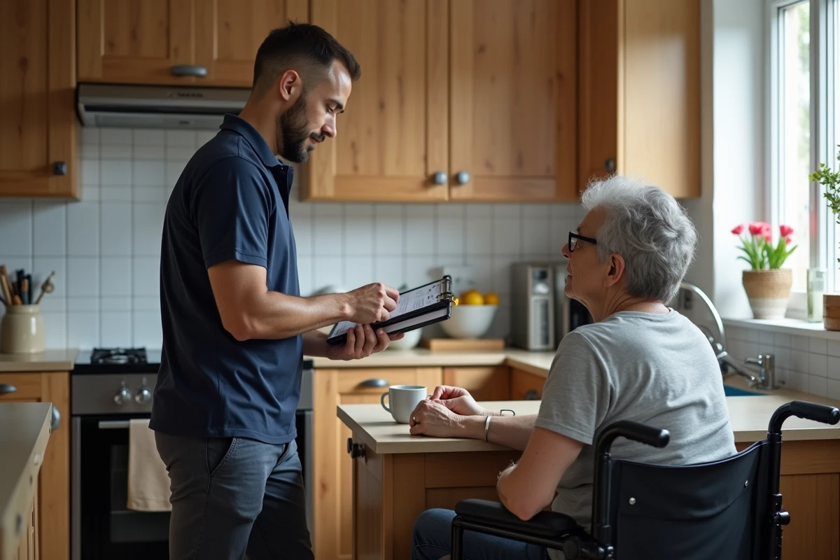 Ergothérapeute réalisant une évaluation d'accessibilité à domicile avec une patiente en fauteuil roulant