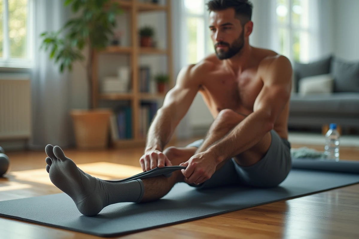 Homme pratiquant des étirements thérapeutiques du pied avec un élastique à domicile pour traiter une douleur chronique