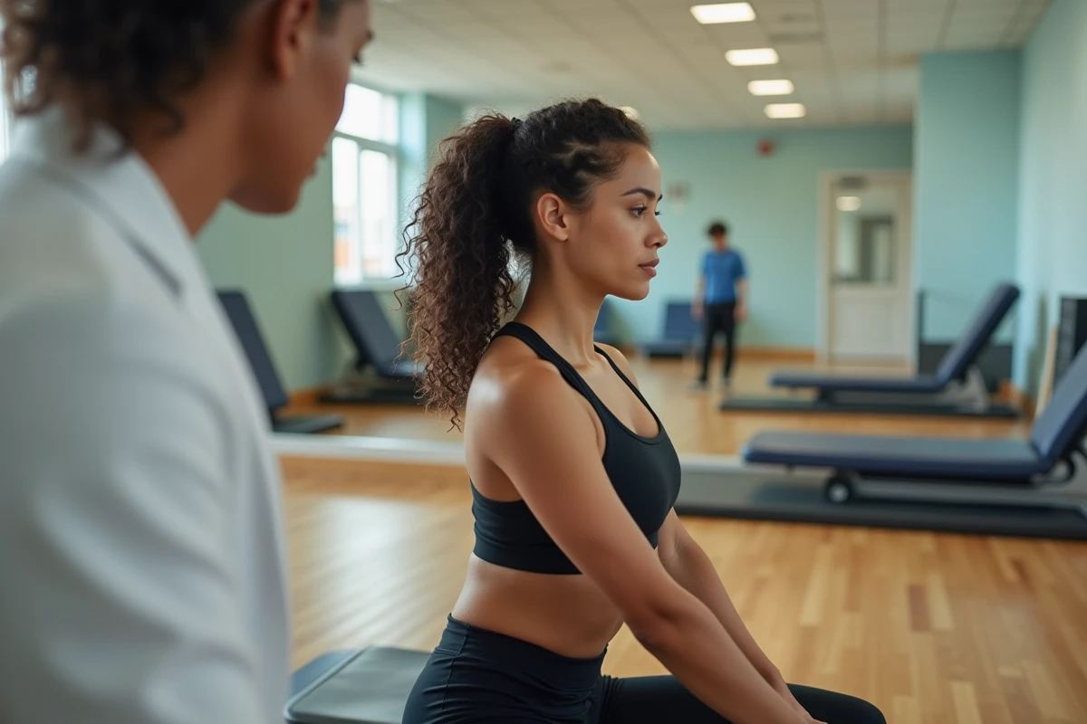 Jeune femme fait un exercice cervical en gym de reeducation