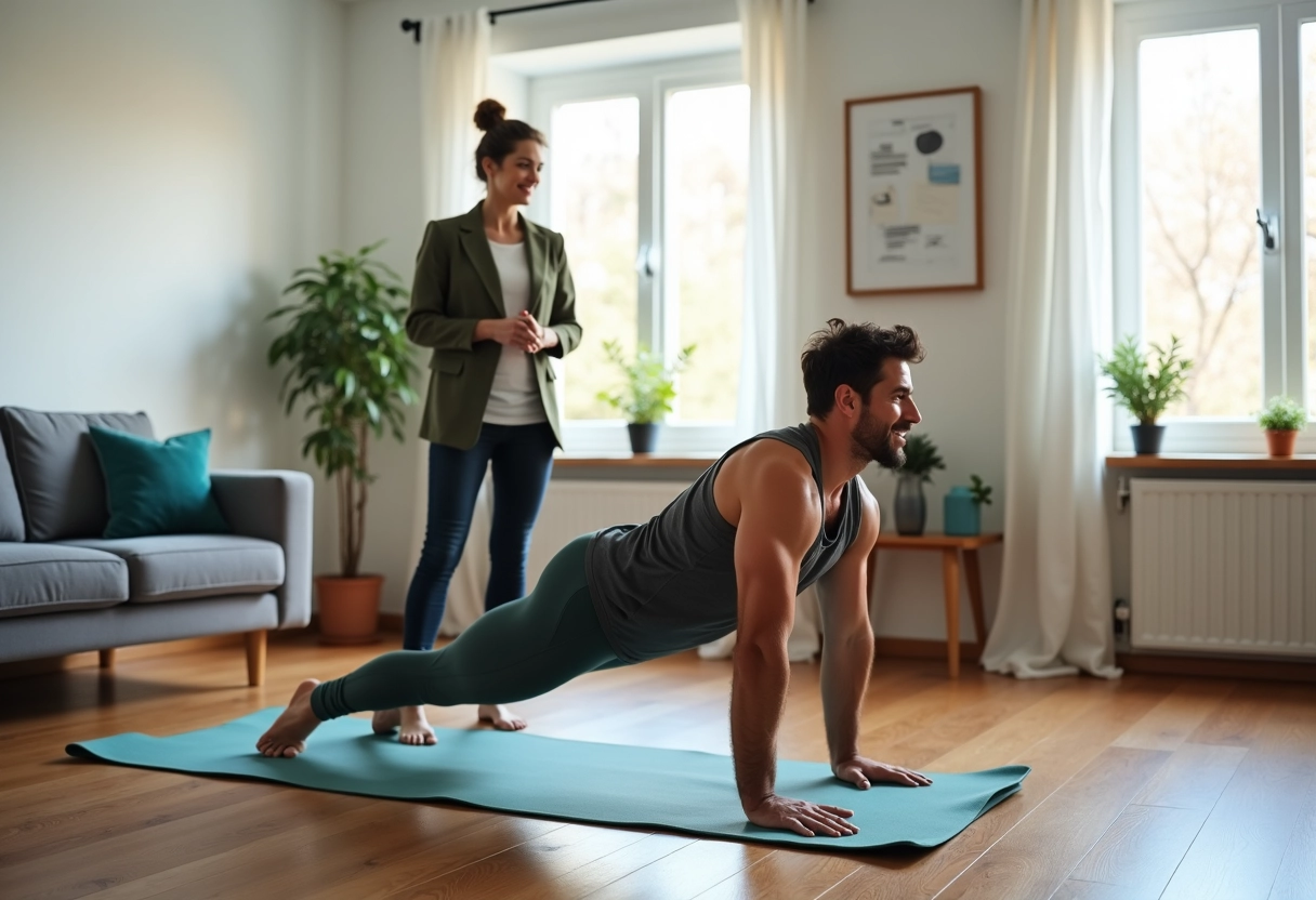 Jeune homme faisant yoga avec coach dans salon lumineux