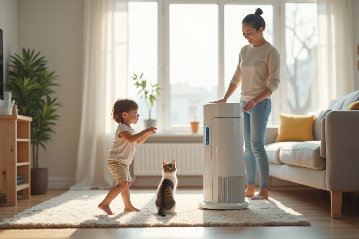 Famille dans un appartement moderne utilisant un purificateur d air contre les allergies