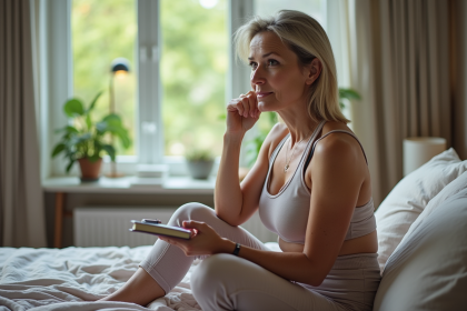 Femme en activewear lisant dans un lit confortable