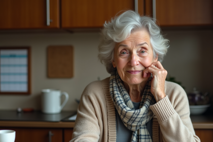 Femme âgée en réflexion sur sa santé dentaire dans sa cuisine
