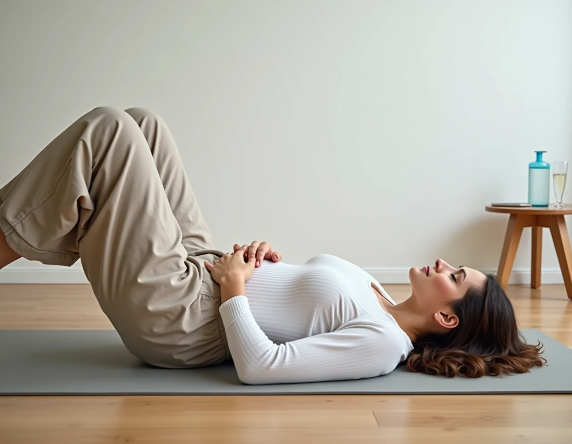 Femme allongée sur un tapis de yoga à la maison genoux repliés pour soulager une douleur abdominale basse gauche