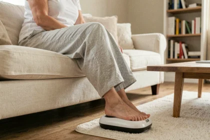 Femme utilisant un appareil de massage de pied électrique sur un tapis de bain dans son salon