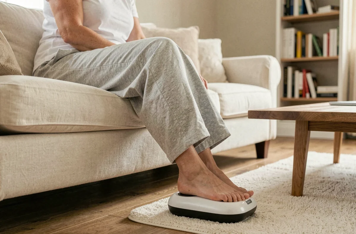 Femme utilisant un appareil de massage de pied électrique sur un tapis de bain dans son salon