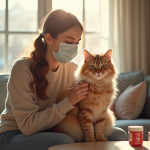 Jeune femme avec masque qui caresse un chat dans un salon lumineux