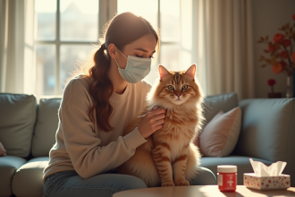 Jeune femme avec masque qui caresse un chat dans un salon lumineux