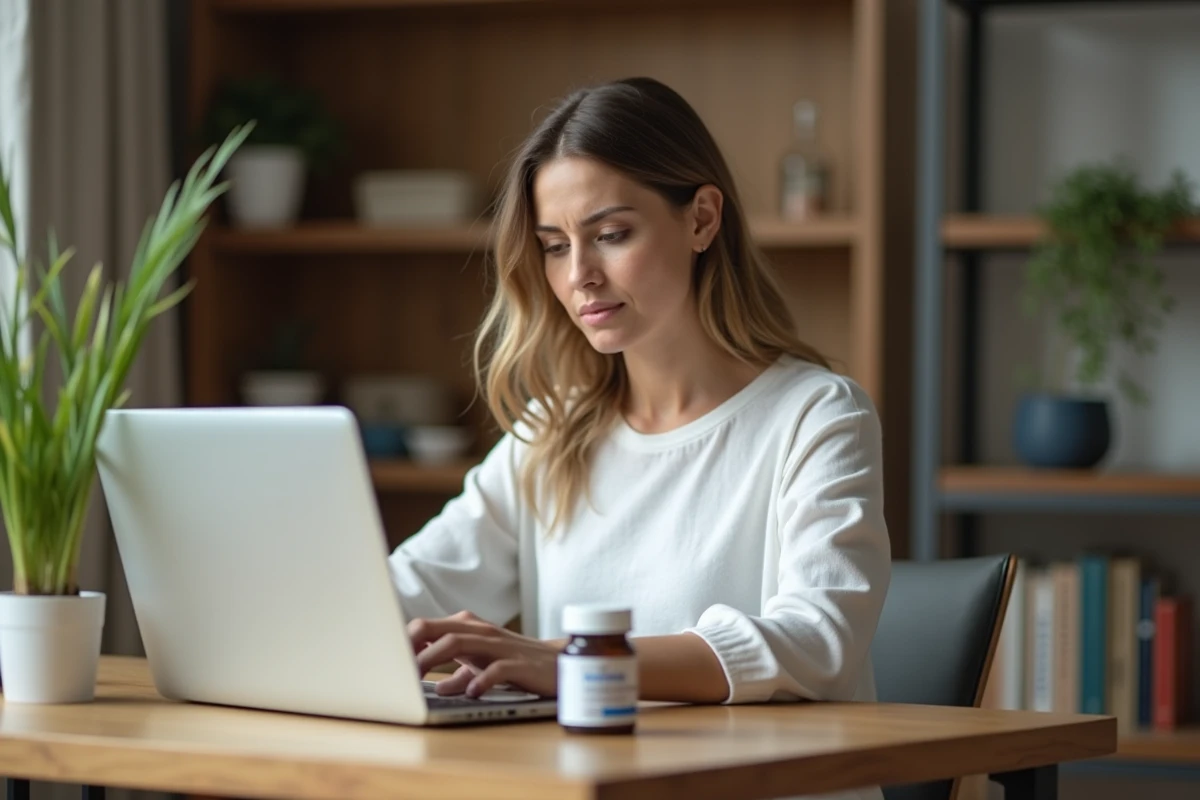 Femme évaluant un avis sur un complément minceur devant son ordinateur portable