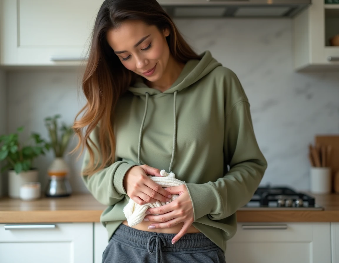 Femme debout dans la cuisine appliquant une bouillotte sur le bas du ventre côté gauche pour soulager la douleur