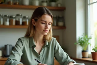 Femme sereine consultant un carnet de budget fait main dans une cuisine minimaliste et organisée, illustrant une approche simple et progressive de la gestion financière personnelle