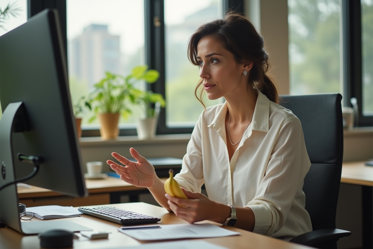 Femme d'âge moyen au bureau avec banane en main